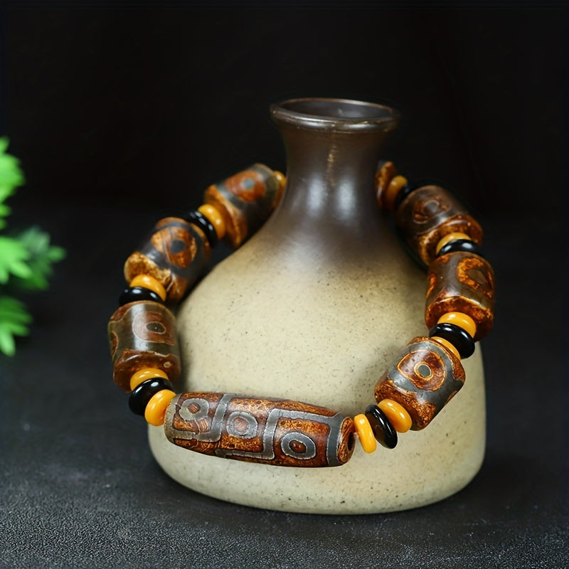 Vintage Dzi Agate Protection Bracelet — Grounding, Prosperity & Energy Balance | Unisex Handmade Beads (17–19 cm Adjustable)