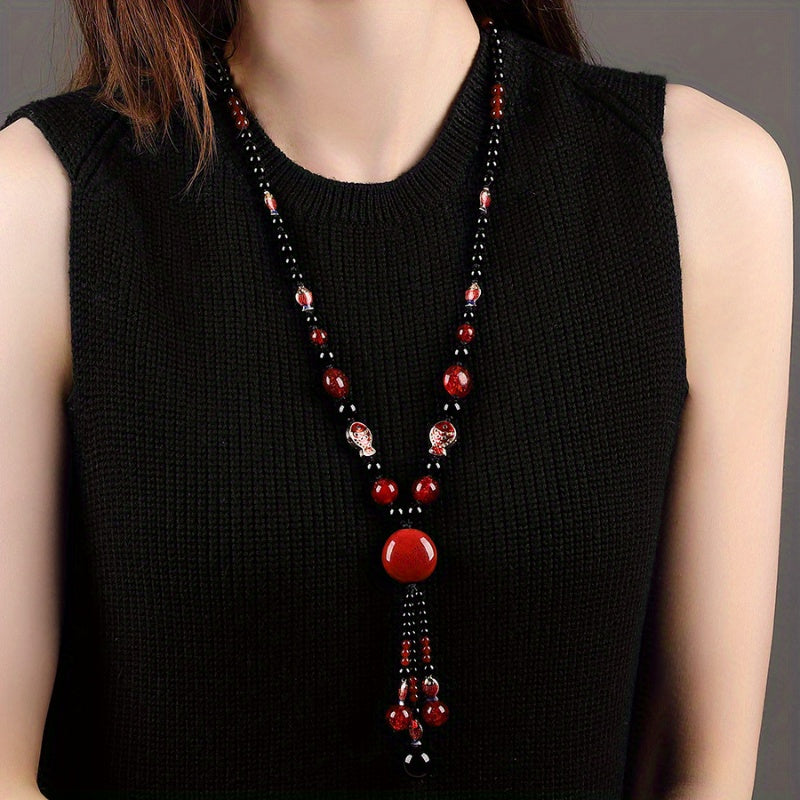 1pc Ethnic Vintage Long Pendant Necklace - Red Fish Design for Spiritual Harmony & Nautical Energy