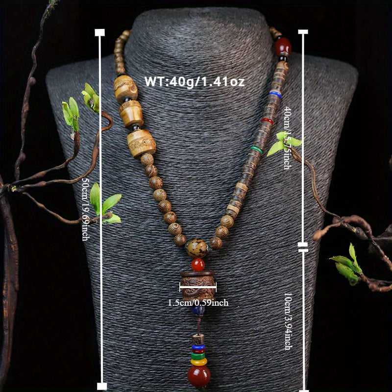 Natural Black Sandalwood Dragon Pillar Pendant Necklace - Ethnic-Inspired Good Luck Charm