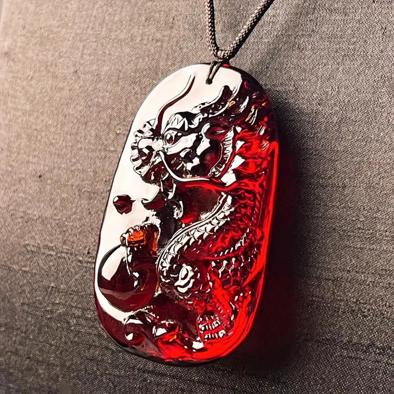 Stylish Men's Dragon Amber Pendant Necklace - Bohemian Style Wealth Talisman