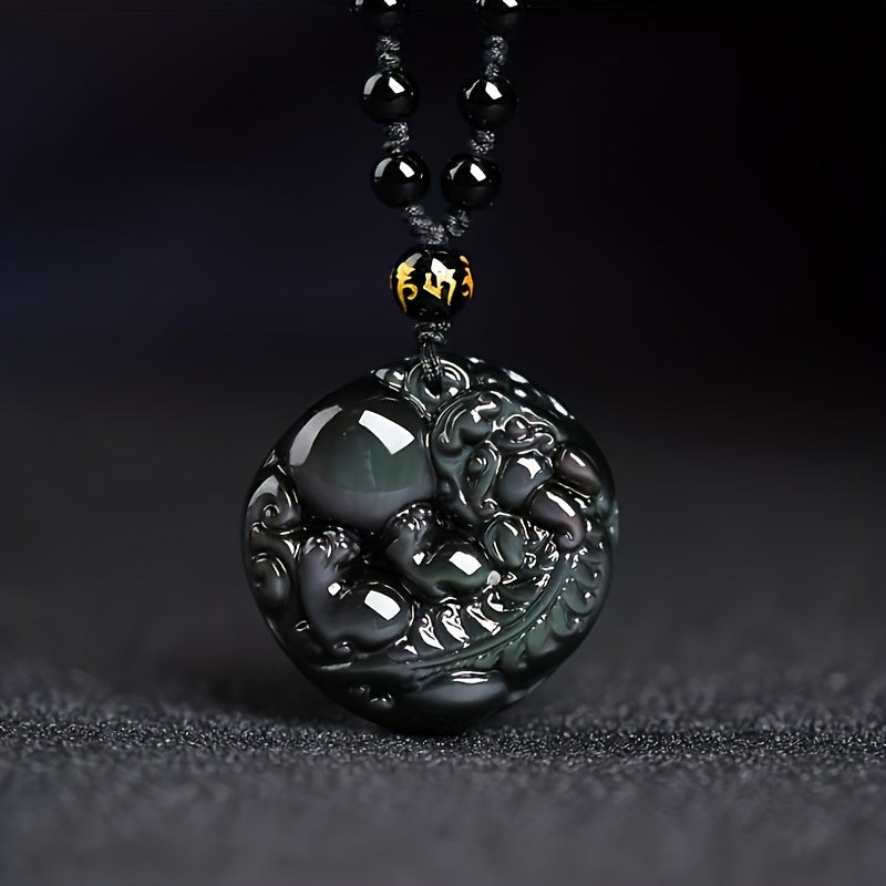 Natural Obsidian Rainbow Pixiu Dragon Pendant Necklace - Wealth Attraction & Good Luck Charm