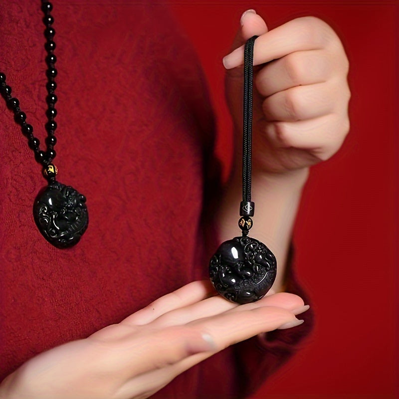 Natural Obsidian Rainbow Pixiu Dragon Pendant Necklace - Wealth Attraction & Good Luck Charm