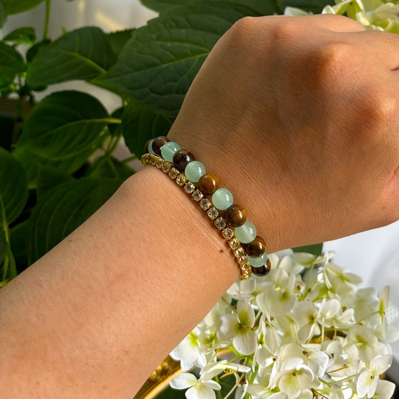 Wealth Good Luck Bracelet - 8mm Green Sandstone Tiger Eye Bead for Prosperity Energy