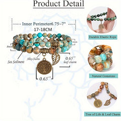 Sea Sediment Jasper Bracelet Set with Tree of Life & Leaf — Grounding, Calm Seas Energy, Balance & Prosperity