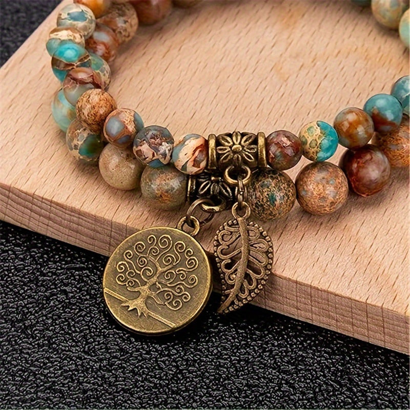 Sea Sediment Jasper Bracelet Set with Tree of Life & Leaf — Grounding, Calm Seas Energy, Balance & Prosperity