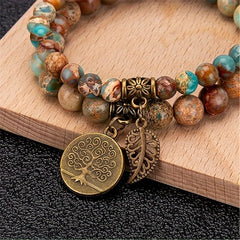 Sea Sediment Jasper Bracelet Set with Tree of Life & Leaf — Grounding, Calm Seas Energy, Balance & Prosperity