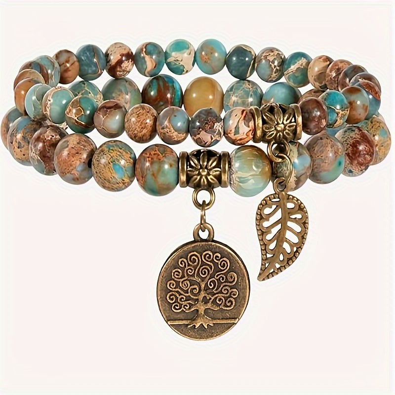 Sea Sediment Jasper Bracelet Set with Tree of Life & Leaf — Grounding, Calm Seas Energy, Balance & Prosperity