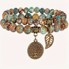 Sea Sediment Jasper Bracelet Set with Tree of Life & Leaf — Grounding, Calm Seas Energy, Balance & Prosperity