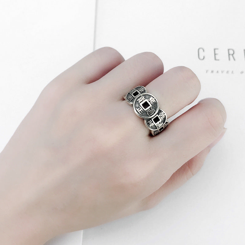 Vintage Antique Silver Five Emperors Coin Ring - Feng Shui Wealth & Energy Protection