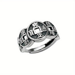 Vintage Antique Silver Five Emperors Coin Ring - Feng Shui Wealth & Energy Protection