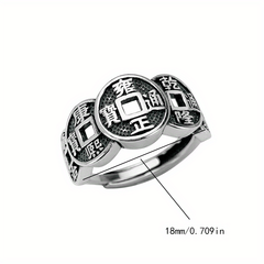 Vintage Antique Silver Five Emperors Coin Ring - Feng Shui Wealth & Energy Protection