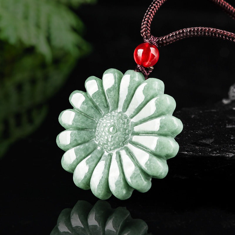 Natural Green Sunflower Stone Pendant Necklace with Red Bead – Elegant Rope Chain Accessory for Men and Women, Calming & Stylish Desig