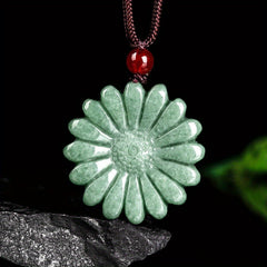 Natural Green Sunflower Stone Pendant Necklace with Red Bead – Elegant Rope Chain Accessory for Men and Women, Calming & Stylish Desig