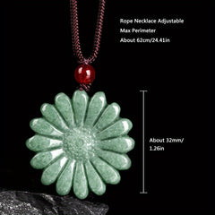 Natural Green Sunflower Stone Pendant Necklace with Red Bead – Elegant Rope Chain Accessory for Men and Women, Calming & Stylish Desig