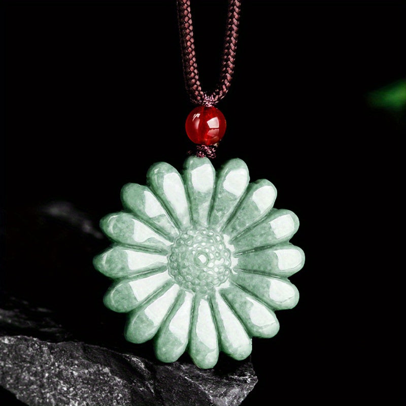 Natural Green Sunflower Stone Pendant Necklace with Red Bead – Elegant Rope Chain Accessory for Men and Women, Calming & Stylish Desig