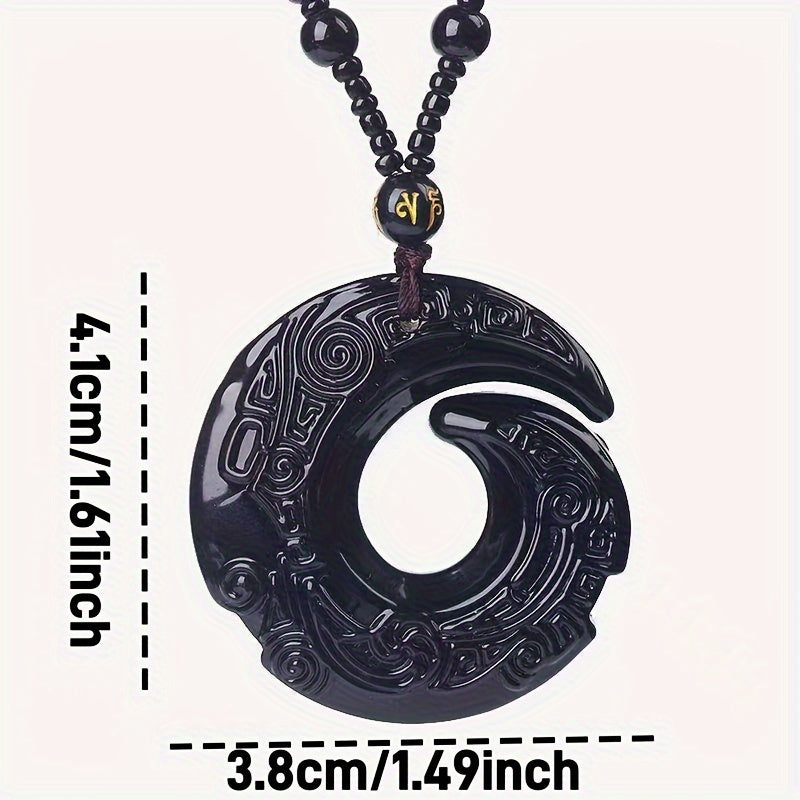 Black Carved Pendant Necklace - Elegant Long Sweater Chain for Good Luck and Christmas Gift