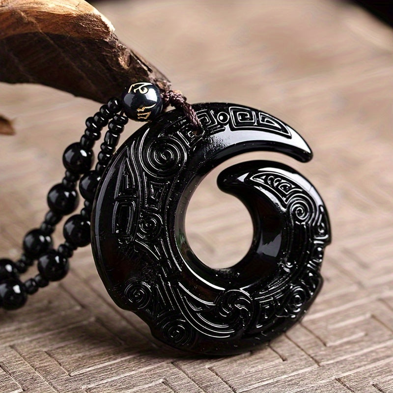 Black Carved Pendant Necklace - Elegant Long Sweater Chain for Good Luck and Christmas Gift