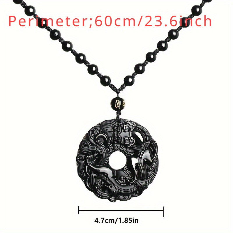 Men's Natural Obsidian Dragon Pixiu Necklace Pendant with Peace Buckle Amulet - Retro Style and Powerful Protection