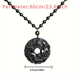 Men's Natural Obsidian Dragon Pixiu Necklace Pendant with Peace Buckle Amulet - Retro Style and Powerful Protection