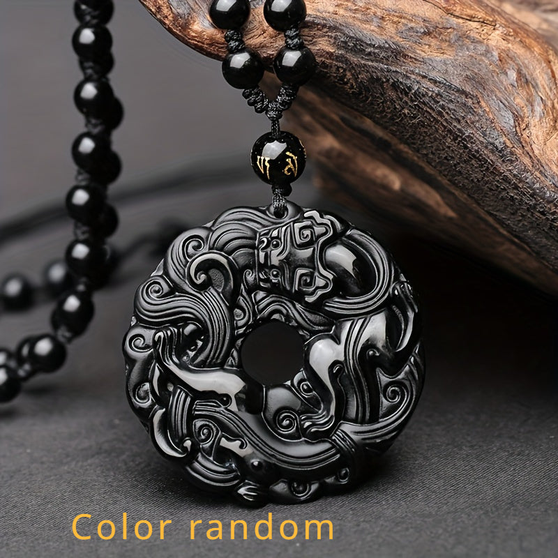 Men's Natural Obsidian Dragon Pixiu Necklace Pendant with Peace Buckle Amulet - Retro Style and Powerful Protection