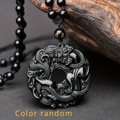 Men's Natural Obsidian Dragon Pixiu Necklace Pendant with Peace Buckle Amulet - Retro Style and Powerful Protection