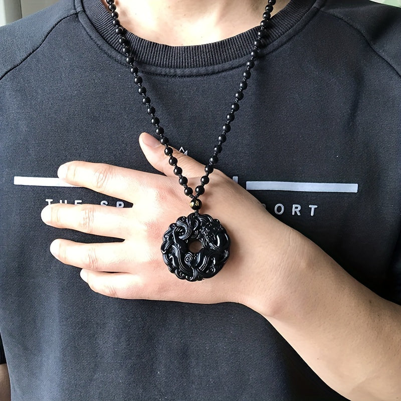 Men's Natural Obsidian Dragon Pixiu Necklace Pendant with Peace Buckle Amulet - Retro Style and Powerful Protection