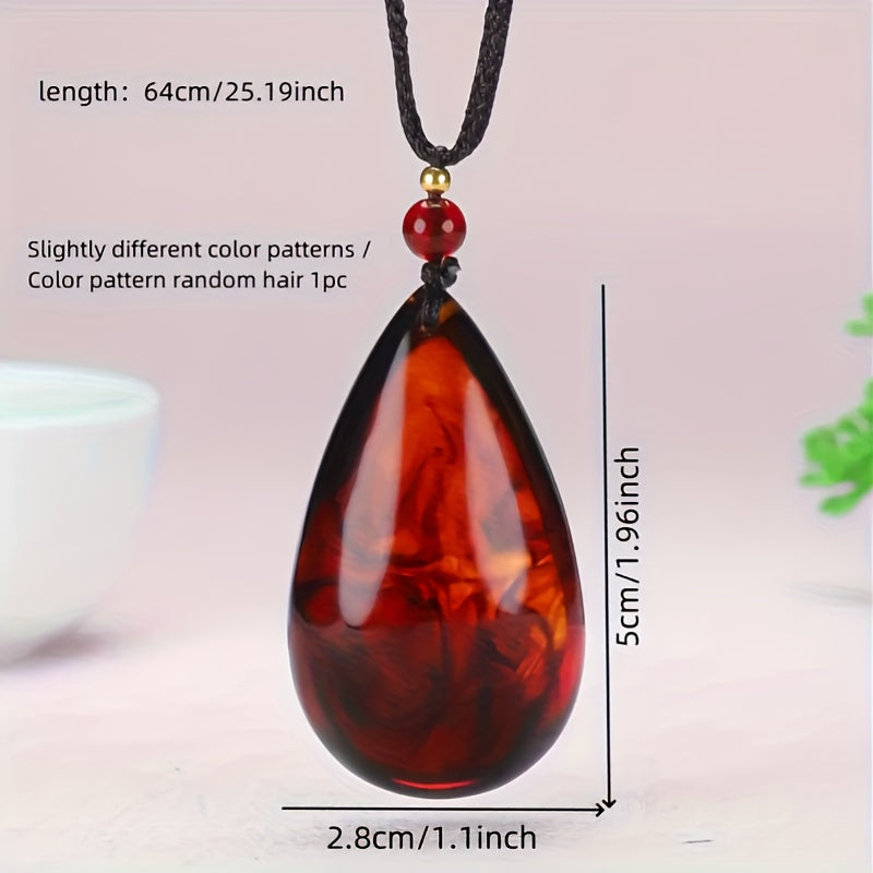 Natural Red Amber Bohemian Teardrop Necklace Pendant - Unisex Retro Jewelry for Women & Men, Valentine's Day & Birthday Gift, September Birthstone