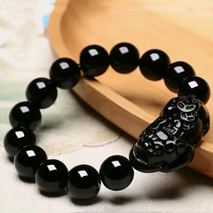 14mm Black Obsidian Bead Bracelet with Black Pixiu - Protection & Energy Talisman
