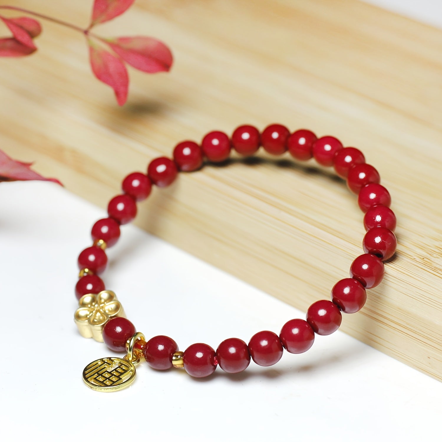 Fashion Red Sandalwood Bead Bracelet with Flower Charm & Double Happiness Pendant – Feng Shui Enhanced Energy for Career & Love