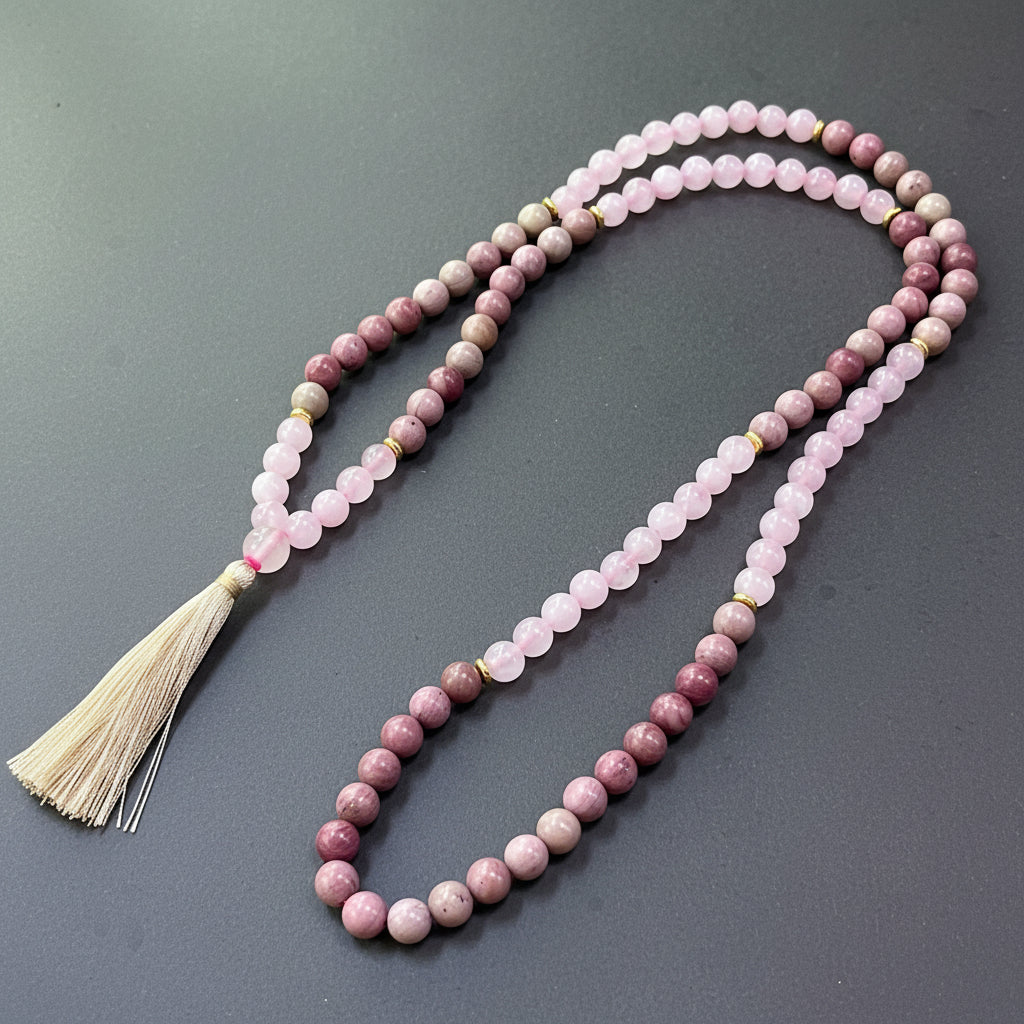 Rose Quartz & Rhodonite Mala Necklace — A String of Pauses for the Overthinking Mind