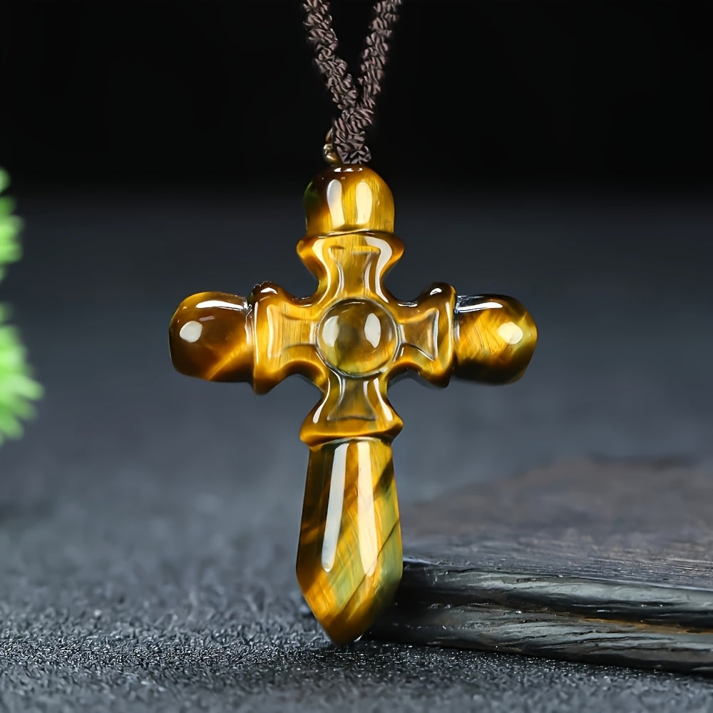 Natural Tiger Eye Cross Pendant - Bohemian Unisex Jewelry with Grounding Energy & Protective Powers
