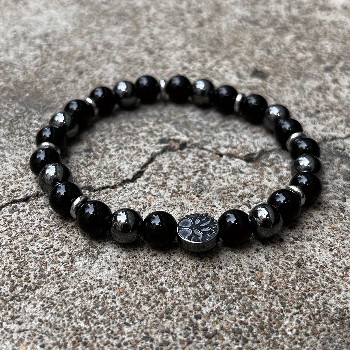 Men's & Women's Fashion Bracelet - Natural Stone Obsidian & Hematite with Tree Pendant for Energy Balance