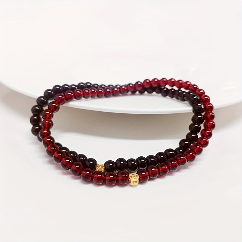 Red Garnet & Black Obsidian Bracelet Set - Lucky Coin Pendant for Couples & Daily Wear