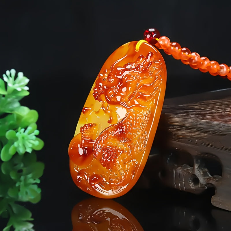 Natural Amber Dragon Pendant Necklace for Men - Uncoated Baltic Amber with Red Beads, Spiritual Protection & Masculine Energy