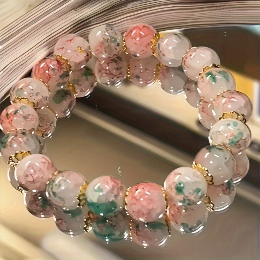 1pc Sweet & Cute Cherry Blossom Glass Bead Butterfly Bracelet - Pink & Green Bohemian Design for Daily Wear & Mindful Living