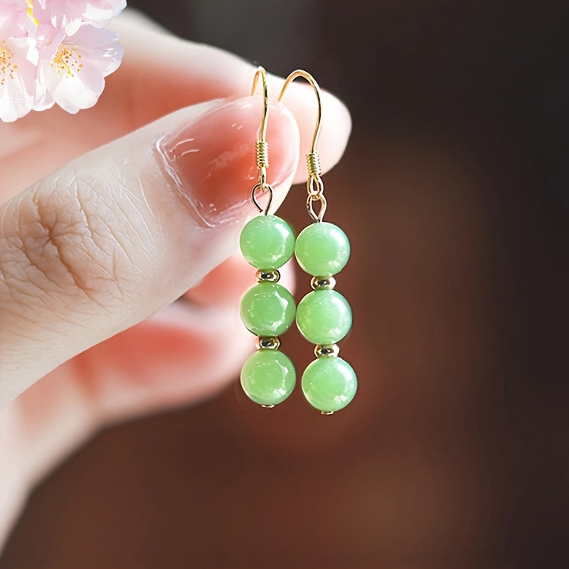 Natural Stone Dangle Earrings - 6mm Green Beads with S925 Silver for Energy Balance & Daily Elegance