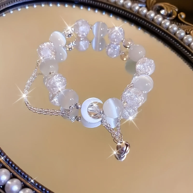 1pc Moon Bell Pendant Bracelet - Bohemian Style with White Glass Beads & Silver Chain for Spiritual Energy & Mindful Living