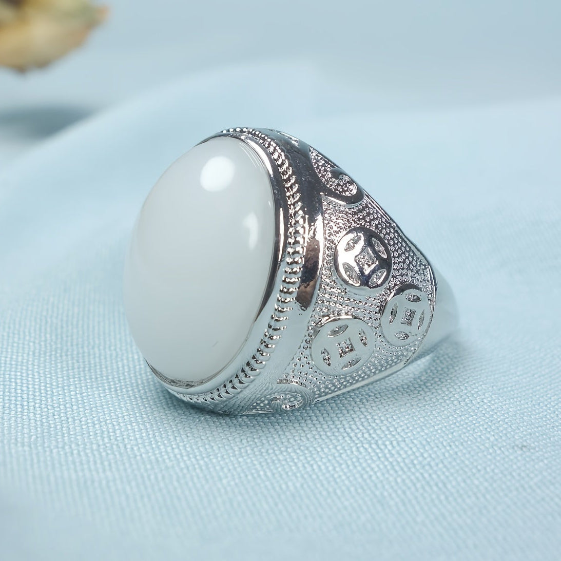 High-Quality Natural Stone Inlay Ring - White Goose Egg Face Couple Ring for Beach Parties & Holiday Gifts