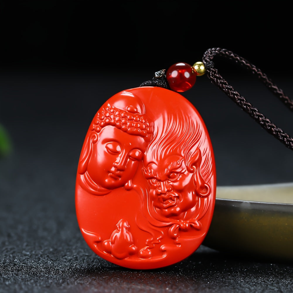 Red Cinnabar Buddha and Demon Pendant for Spiritual Protection, Karmic Balance, and Energy Cleansing