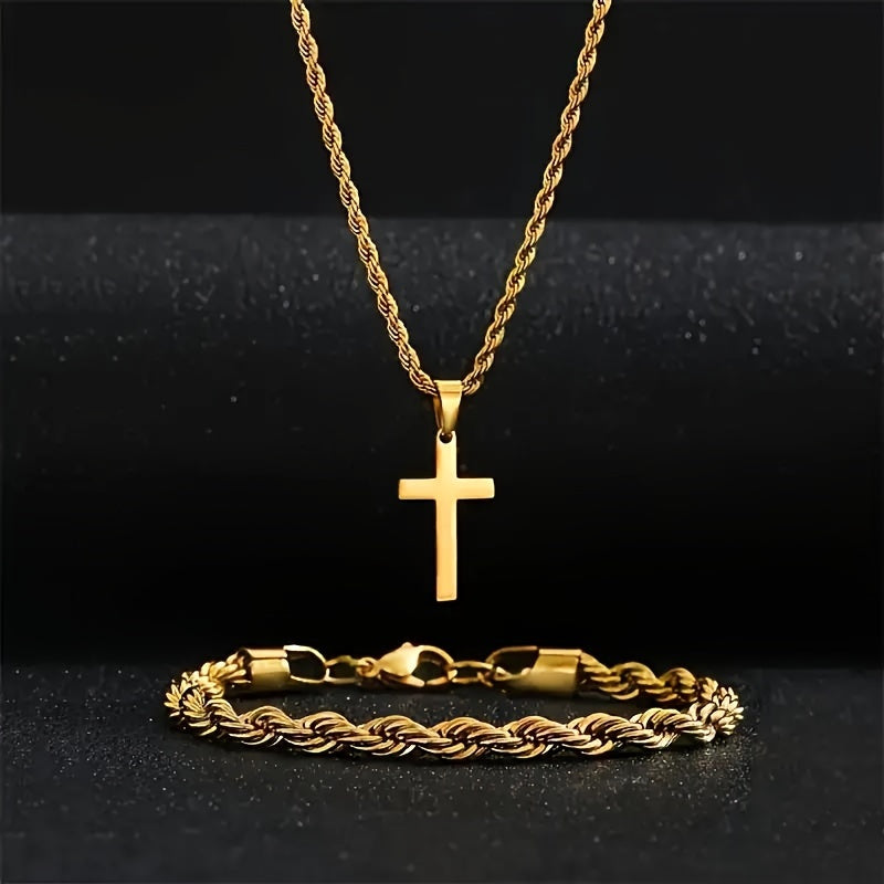 Minimalist Cross Charm Necklace & Bracelet Set - Hypoallergenic Stainless Steel Jewelry for Spiritual Protection