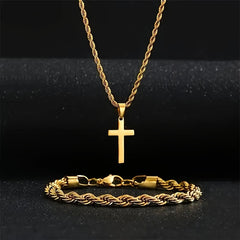 Minimalist Cross Charm Necklace & Bracelet Set - Hypoallergenic Stainless Steel Jewelry for Spiritual Protection