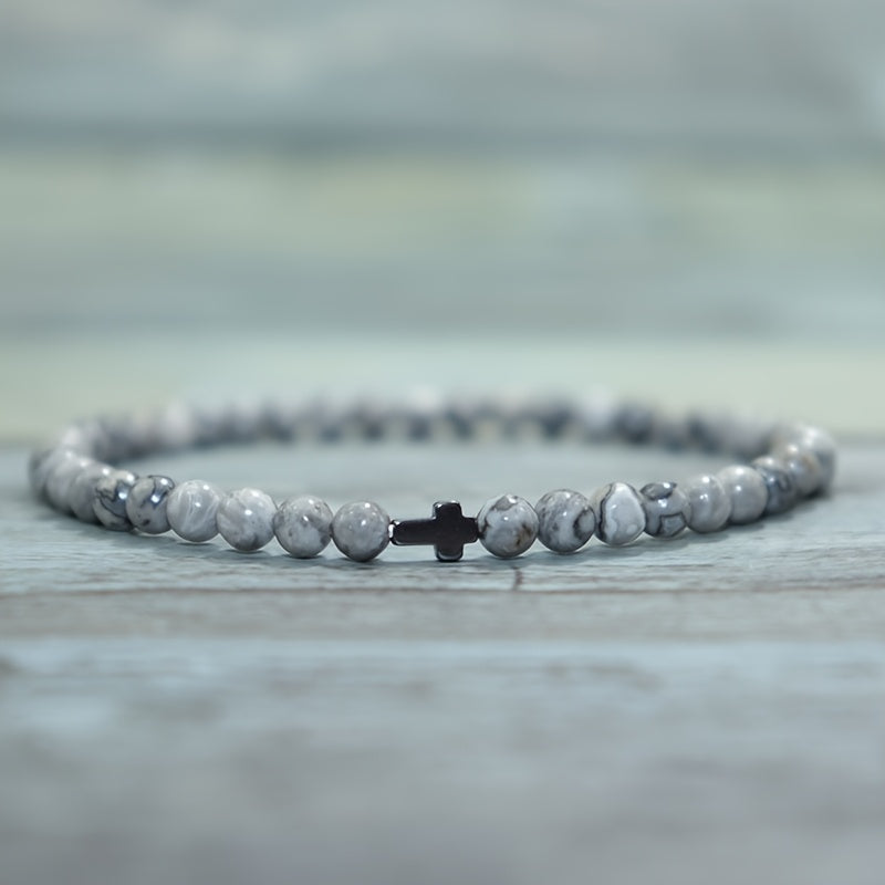 Men's Handmade Blue Stone & Black Cross Bracelet - Spiritual Protection & Stylish Daily Wear