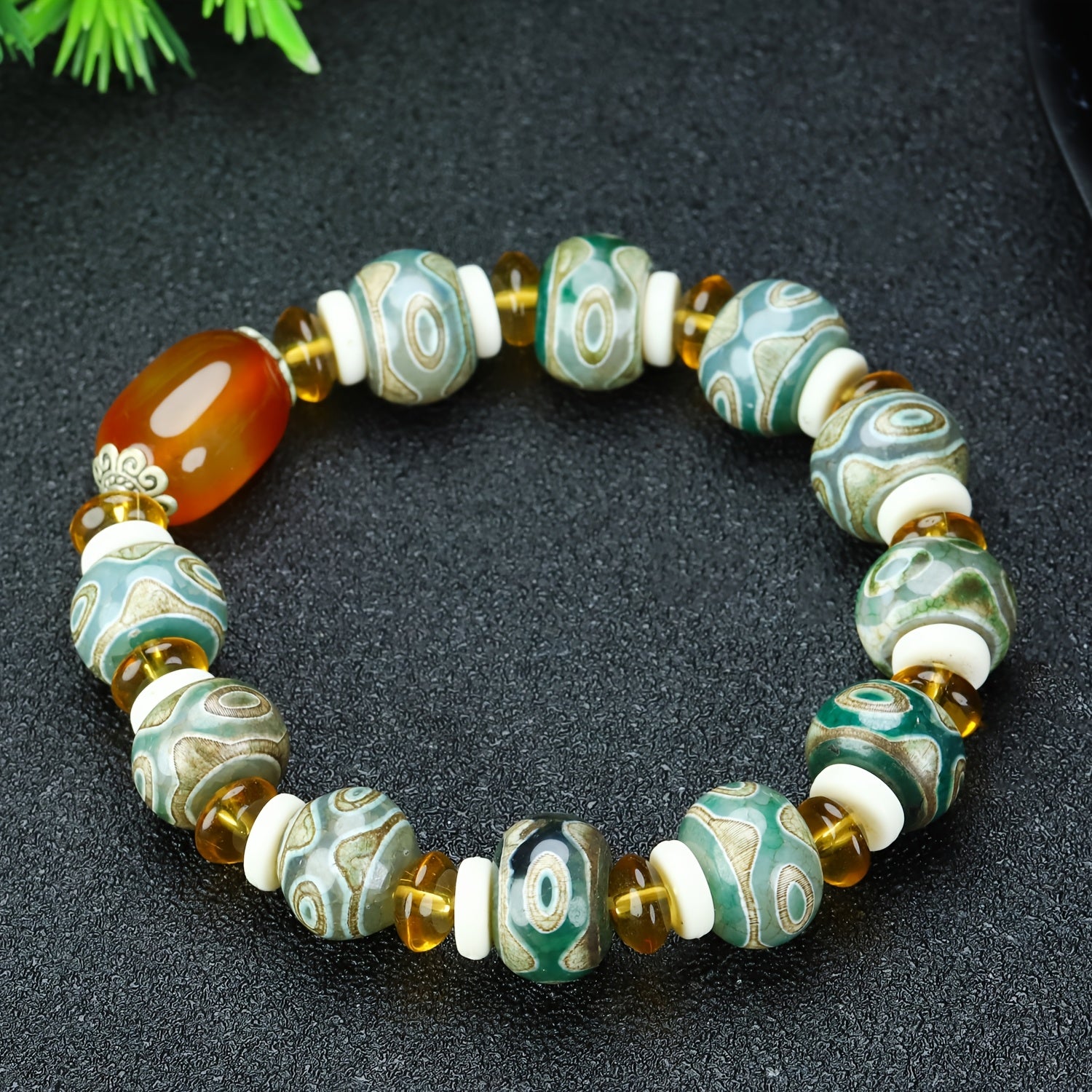 Tibetan Three-Eye Dzi Agate Bead Bracelet for Spiritual Protection, Inner Peace, and Positive Energy