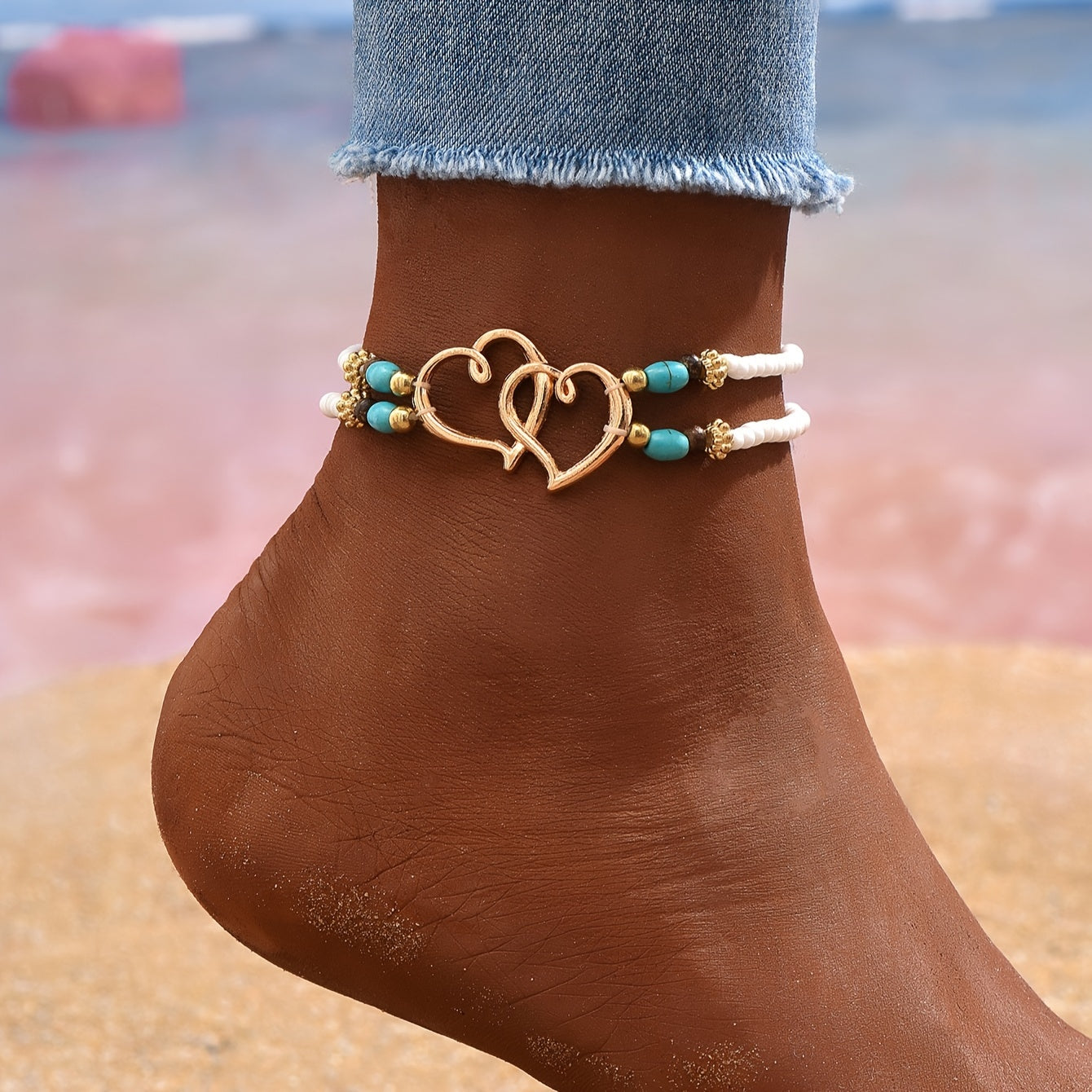 1 Ladies Double Layer Bead Heart Anklet - Pure Energy & Romantic Charm for Daily Wear