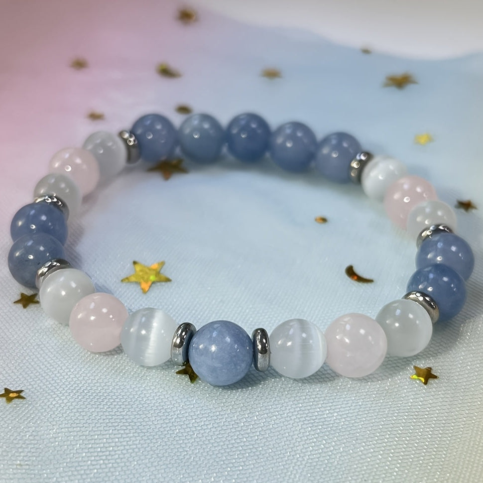 Bracelet for Inner Peace & Love - Aquamarine Rose Quartz Selenite Healing Jewelry
