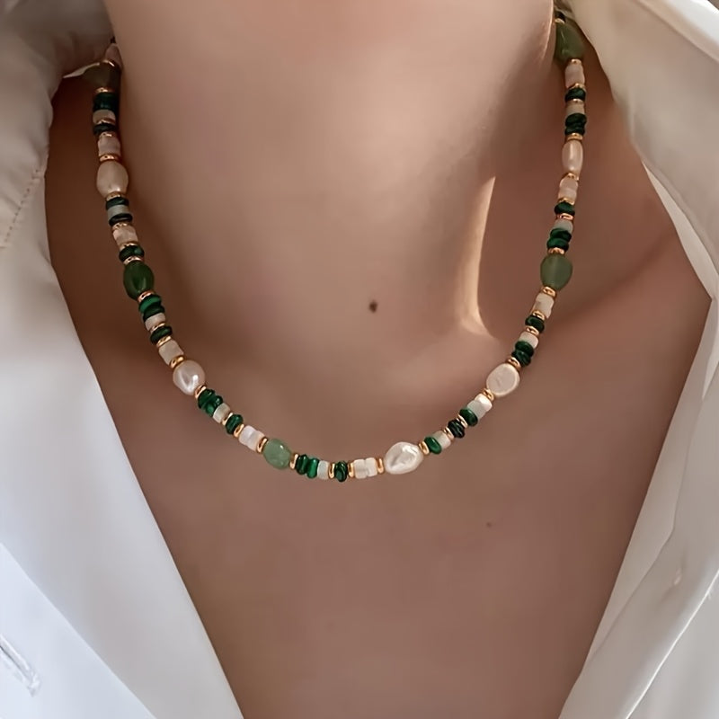 1pc Elegant Faux Pearl & Malachite Beaded Necklace - Green & White Freshwater Pearl Jewelry with Golden-Tone Accents for Spring-Autumn Fashion Accessories