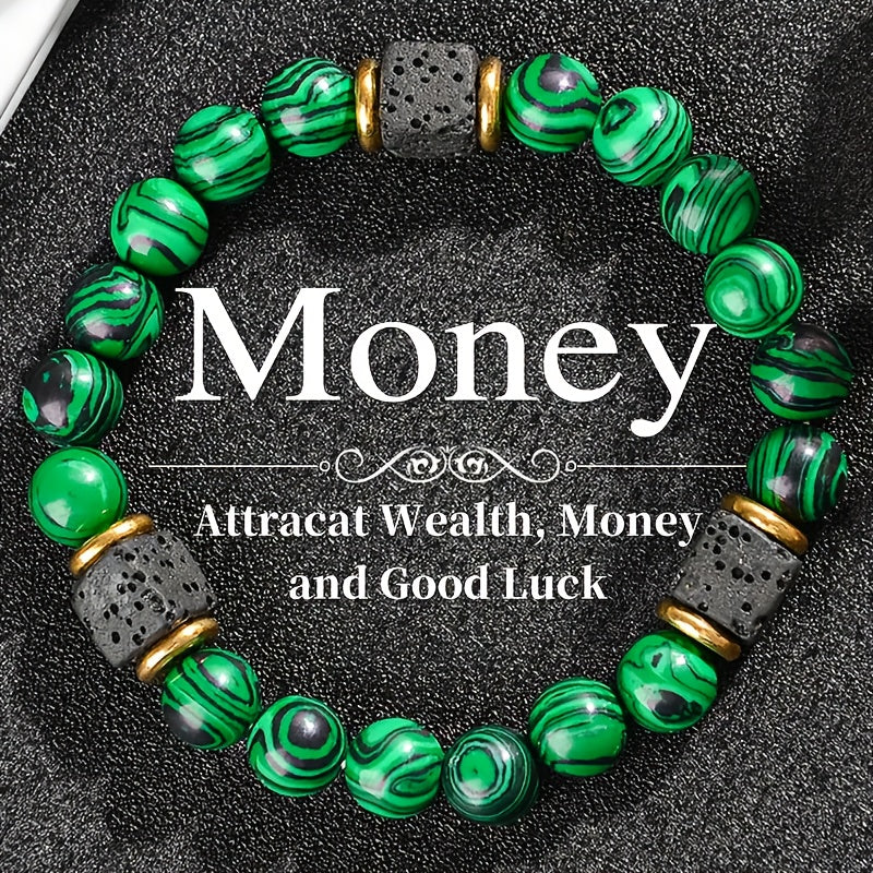 Men's Natural Stone Bead Bracelet — Wealth Attracting Green Malachite & Volcanic Stone Energy Jewelry