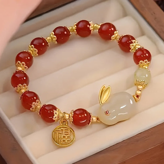Cute Rabbit Pendant Glass Bracelet - Artificial Agate with Auspicious 'Fu' Charm for Harmony & Prosperity