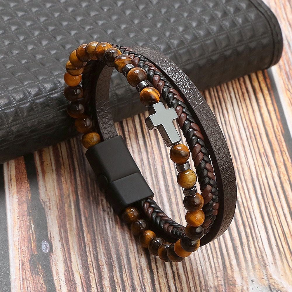 Mountain Spirit Men's Beaded Bracelet   Handcrafted Stone & Steel Strength woven Bracelet Easter Birthday Christmas Bracelet