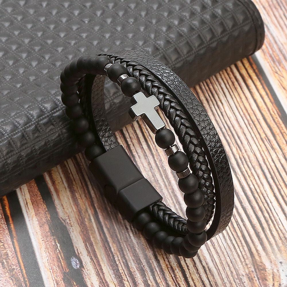 Mountain Spirit Men's Beaded Bracelet   Handcrafted Stone & Steel Strength woven Bracelet Easter Birthday Christmas Bracelet